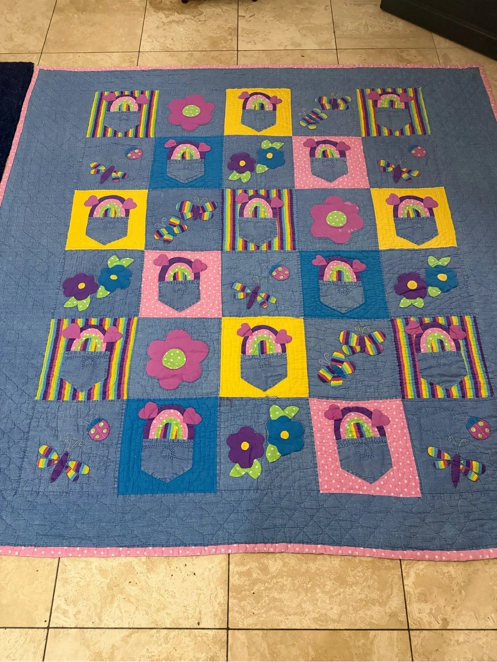 Vintage Handmade Applique Rainbow Quilt Twin 80x80” Floral Butterfly Patchwork